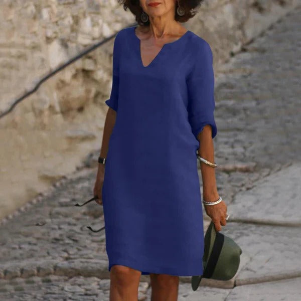 Breathable Cotton Polyester Dress with Relaxed Fit and Three-Quarter Sleeves