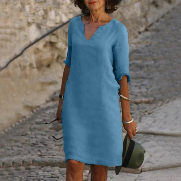 Breathable Cotton Polyester Dress with Relaxed Fit and Three-Quarter Sleeves