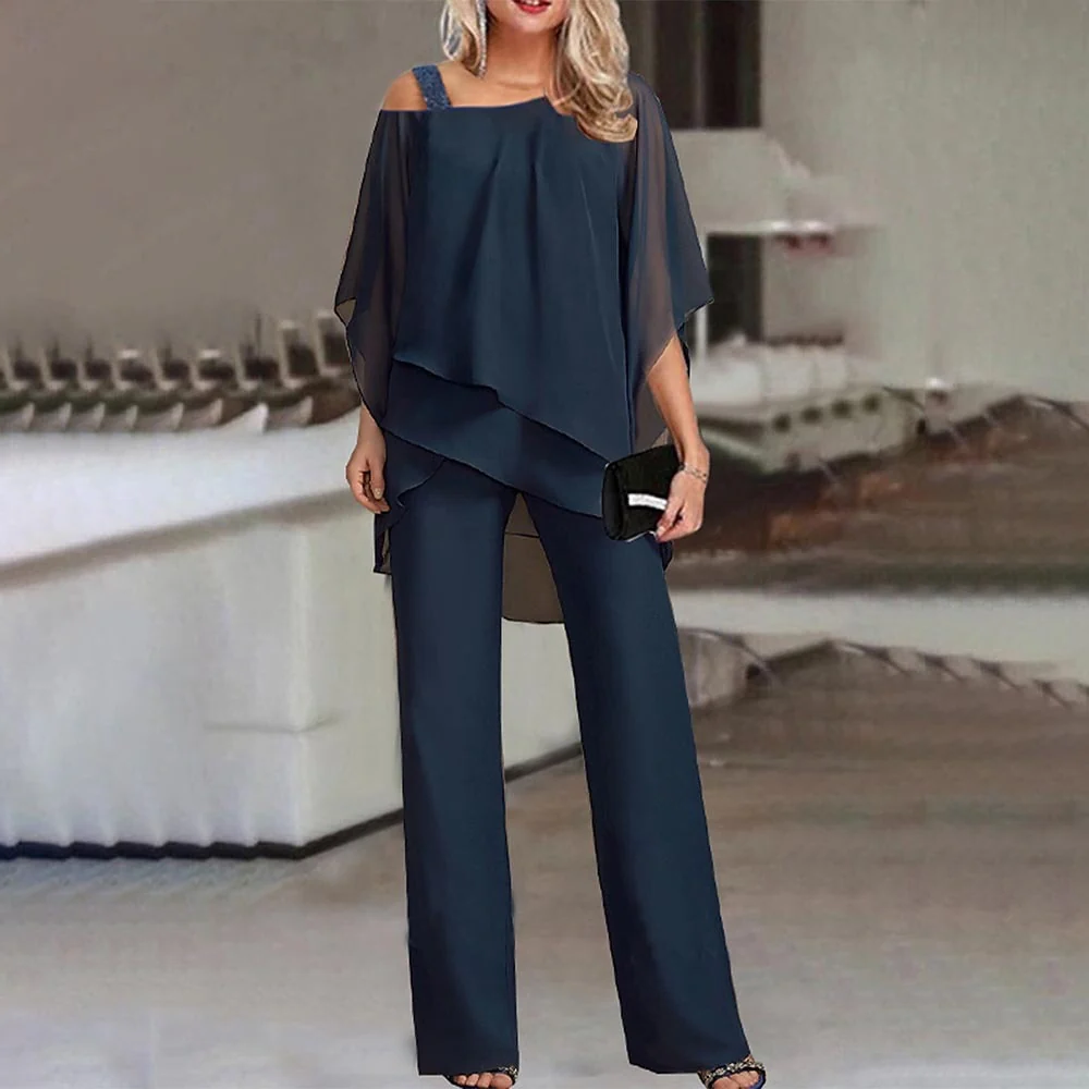 Womens Cold Shoulder Suit with Straight Leg Trousers and Wrinkle Resistant Fabric