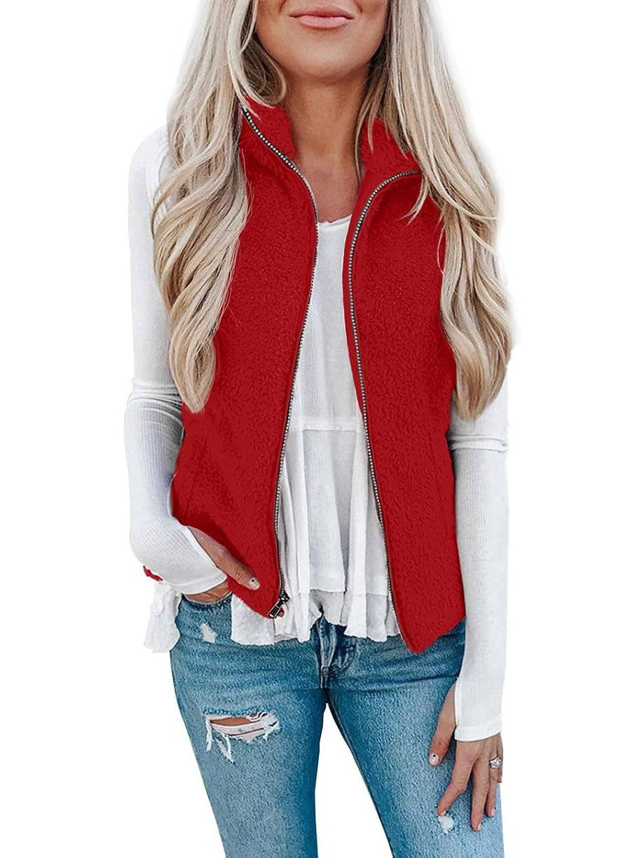 Womens Sherpa Fleece Vest, Fuzzy Lightweight Sleeveless Zipper Jacket with Pockets