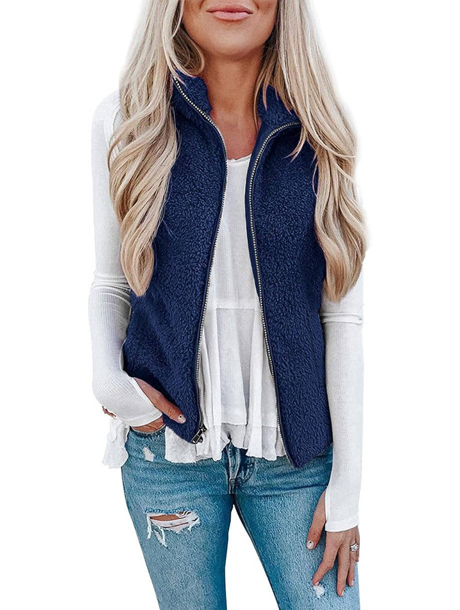 Womens Sherpa Fleece Vest, Fuzzy Lightweight Sleeveless Zipper Jacket with Pockets