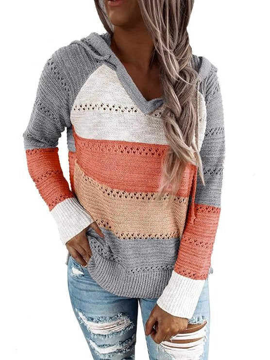 Womens Striped Crochet Sweater Hoodie, Long Sleeve Colorblock Lightweight Knit Pullover