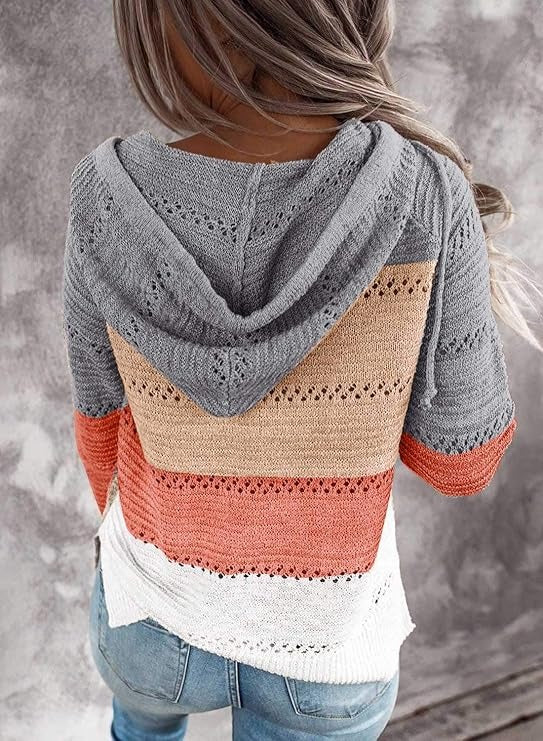 Womens Striped Crochet Sweater Hoodie, Long Sleeve Colorblock Lightweight Knit Pullover