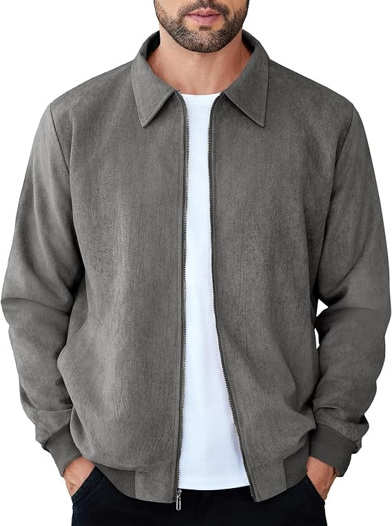 Mens Faux Suede Bomber Jacket - Lightweight Zip Up Fall Jacket