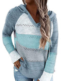 Womens Striped Crochet Sweater Hoodie, Long Sleeve Colorblock Lightweight Knit Pullover