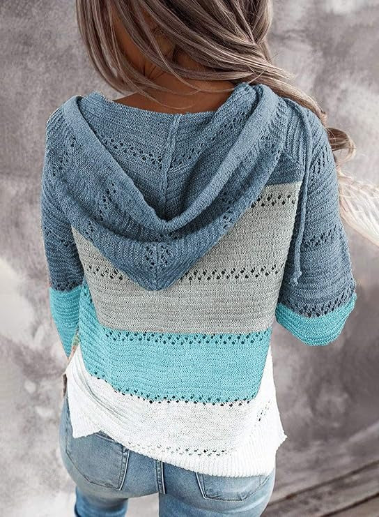 Womens Striped Crochet Sweater Hoodie, Long Sleeve Colorblock Lightweight Knit Pullover