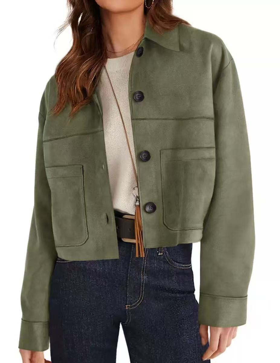 Womens Faux Suede Cropped Jacket, Lightweight Button Down Collared Shacket with Patch Pockets