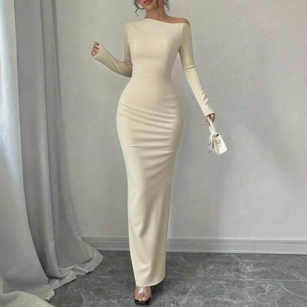 Floral Maxi Dress with One Shoulder Asymmetrical Neckline and Long Sleeves, Bodycon Fit