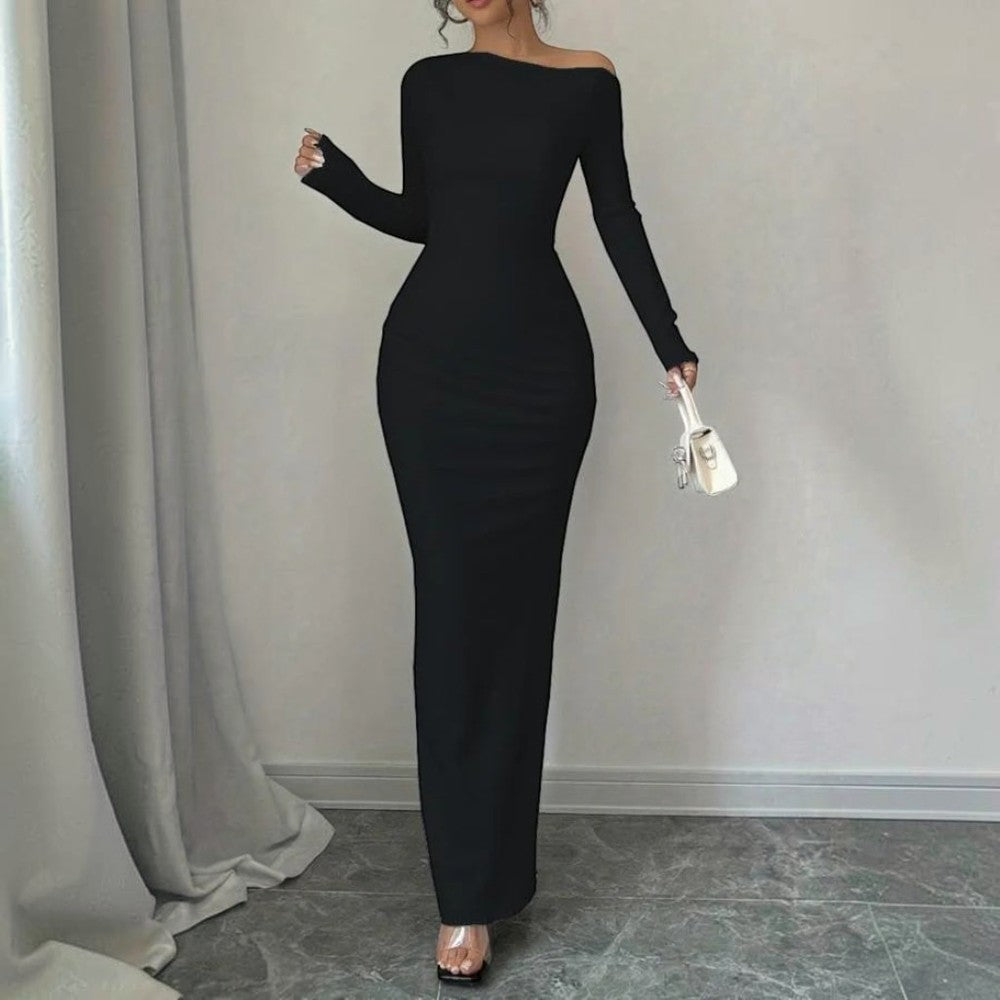 Floral Maxi Dress with One Shoulder Asymmetrical Neckline and Long Sleeves, Bodycon Fit