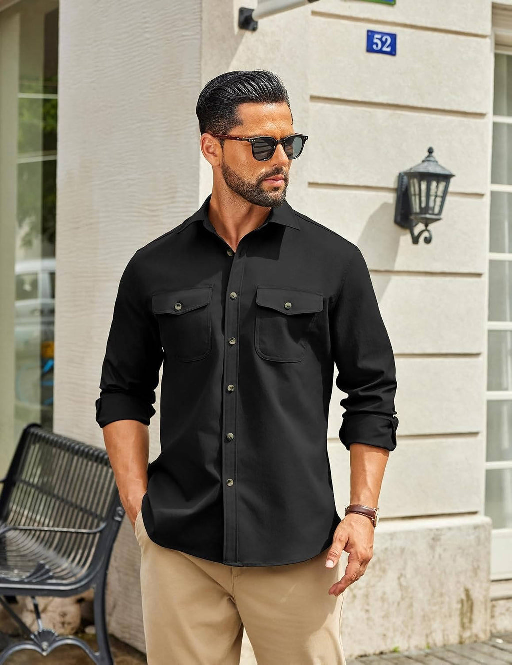 Mens Long Sleeve Button Down Work Shirt, Casual Workwear Shirt with Flap Pockets
