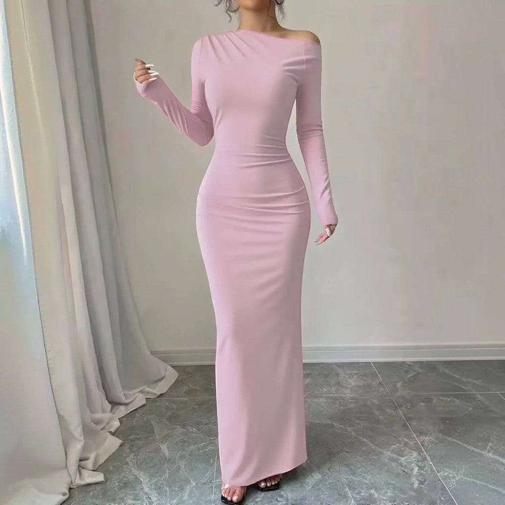 Floral Maxi Dress with One Shoulder Asymmetrical Neckline and Long Sleeves, Bodycon Fit