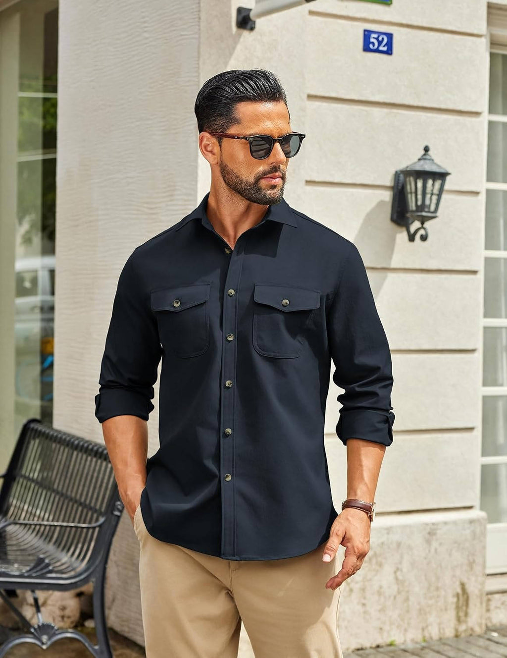 Mens Long Sleeve Button Down Work Shirt, Casual Workwear Shirt with Flap Pockets