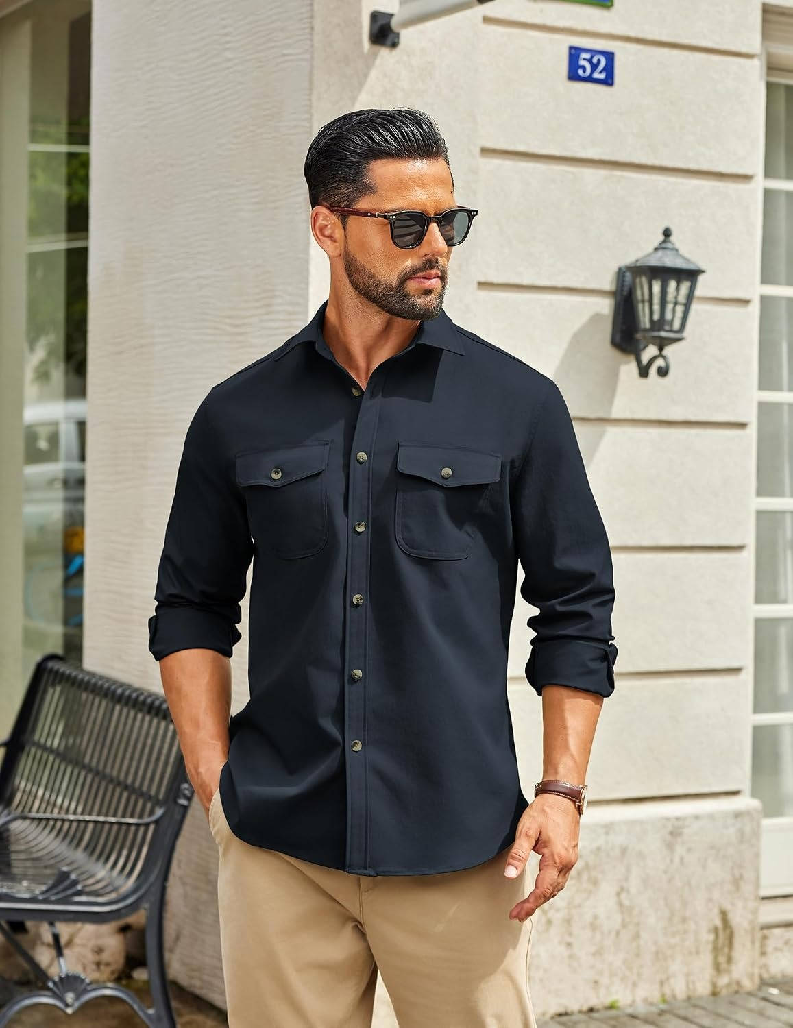 Mens Long Sleeve Button Down Work Shirt, Casual Workwear Shirt with Flap Pockets