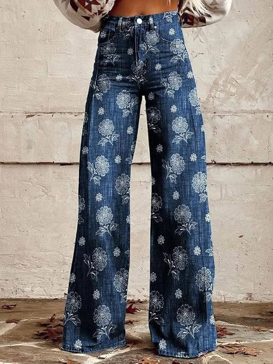 High Waisted Bell Bottom Pants with Floral Print and Stretch Fabric