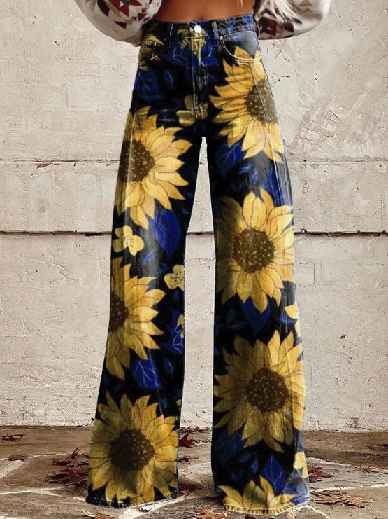 High Waisted Bell Bottom Pants with Floral Print and Stretch Fabric