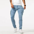 Mens Stretch Jeans Cargo Pants, Slim Fit Multi Pocket Denim Streetwear Trousers
