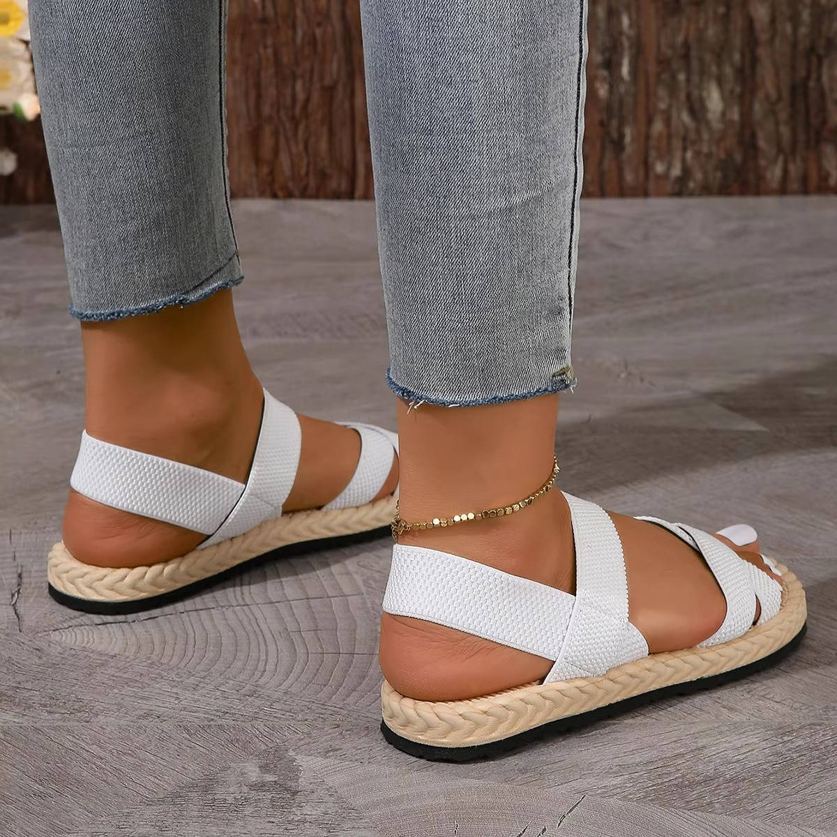 Womens Elastic Strap Sandals, Open Toe Cross Strap Flats, Casual Summer Beach Walking Shoes