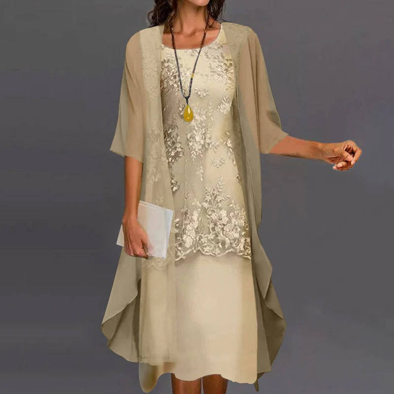 Floral Midi Dress with Chiffon Jacket and Round Neckline, Two-Piece Set