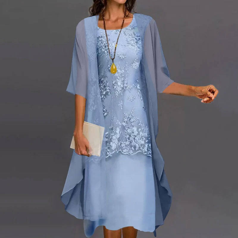 Floral Midi Dress with Chiffon Jacket and Round Neckline, Two-Piece Set