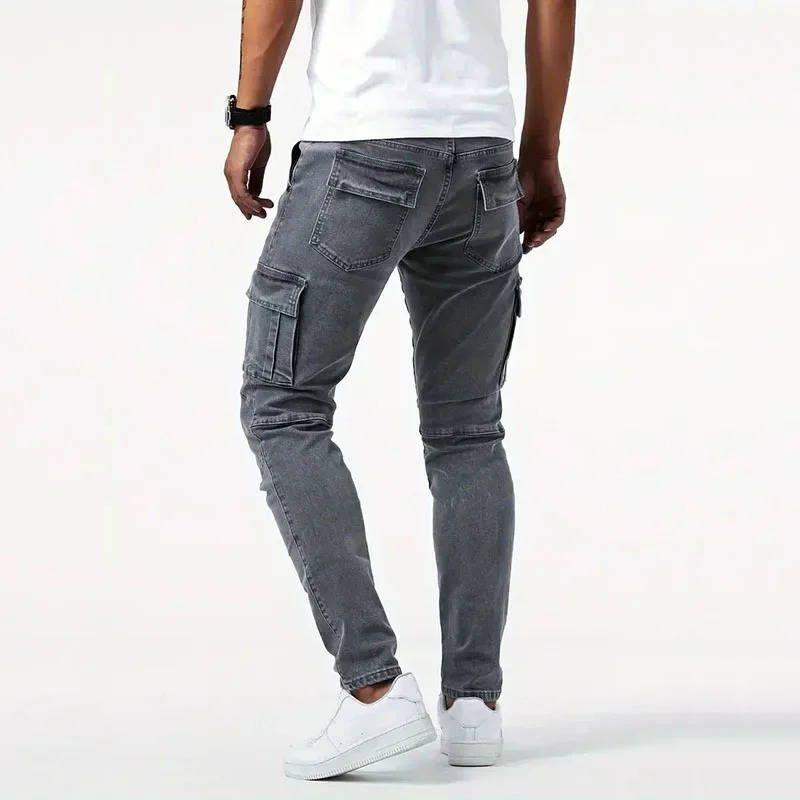 Mens Stretch Jeans Cargo Pants, Slim Fit Multi Pocket Denim Streetwear Trousers
