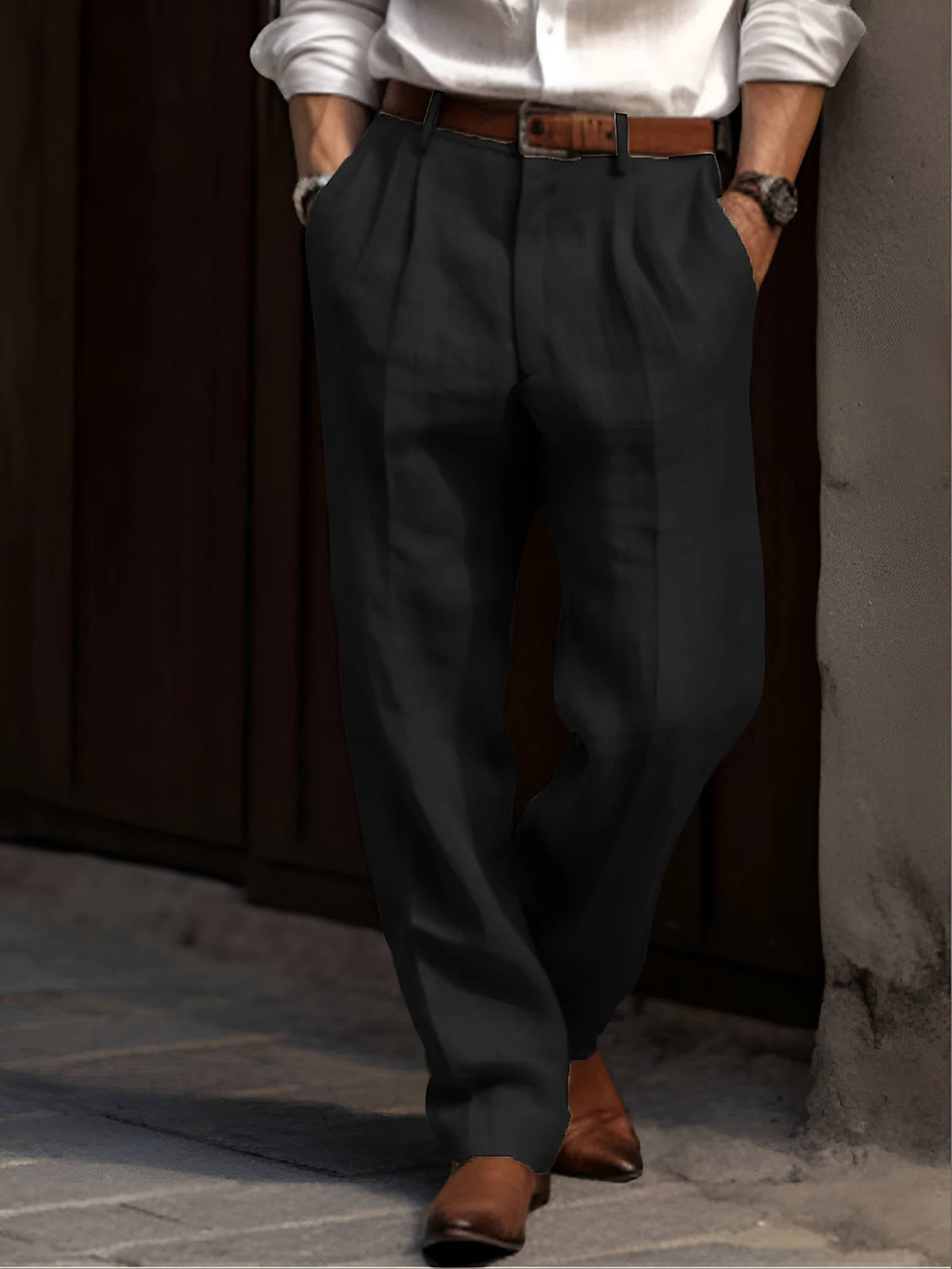 Mens Pleated Cotton Linen Pants with Elastic Waist and Reinforced Seams