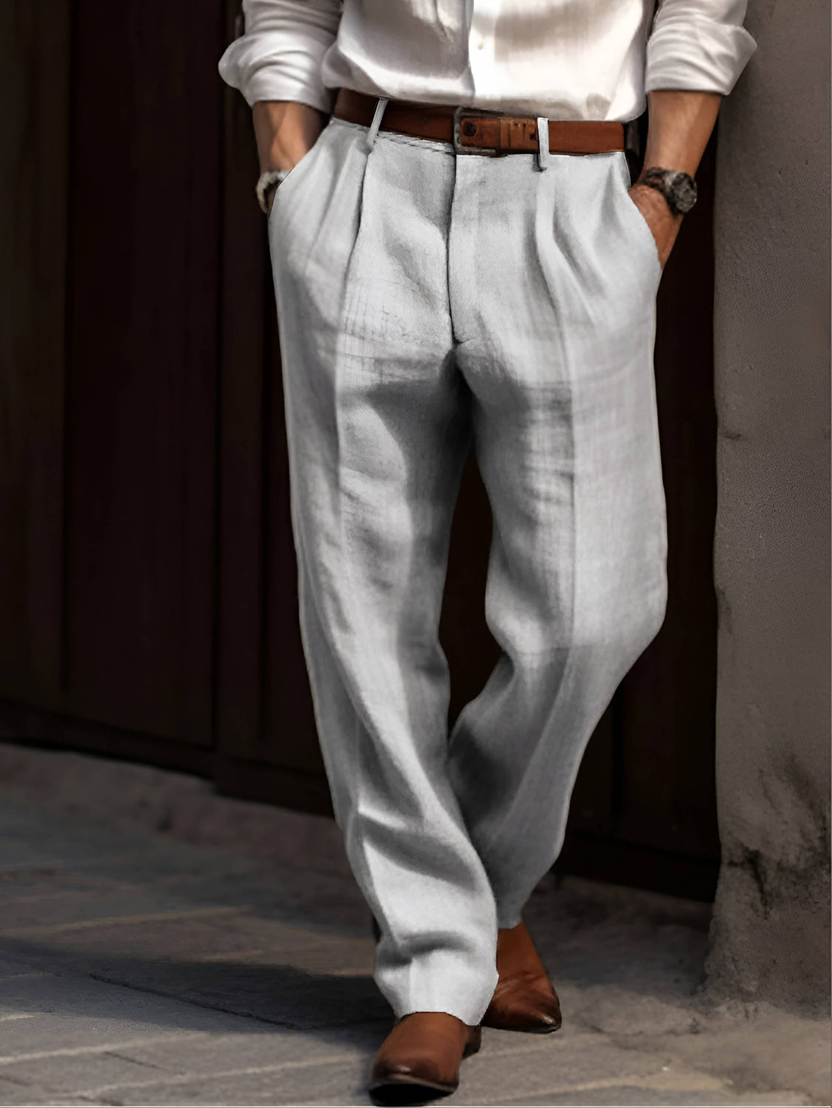 Mens Pleated Cotton Linen Pants with Elastic Waist and Reinforced Seams