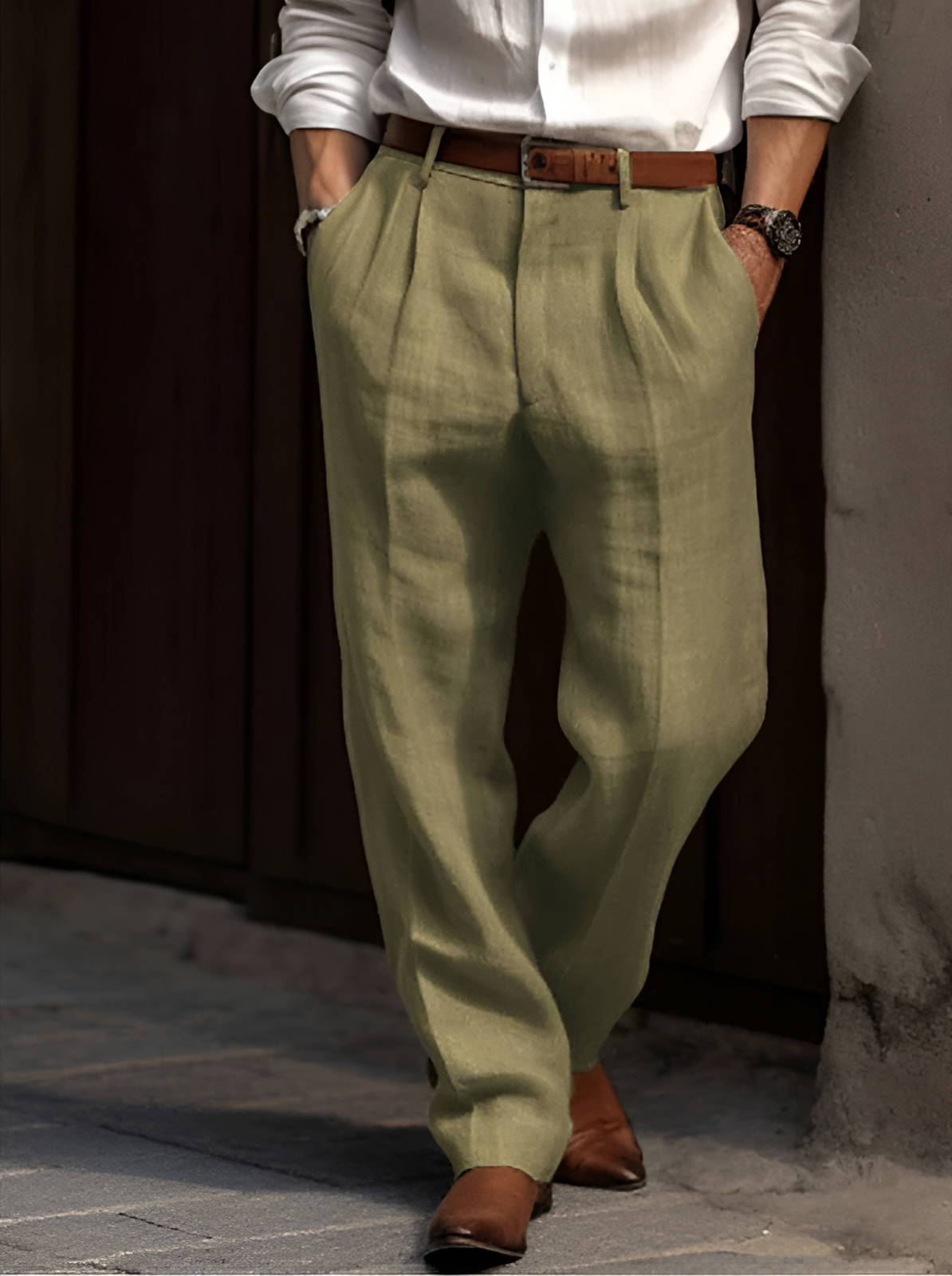 Mens Pleated Cotton Linen Pants with Elastic Waist and Reinforced Seams