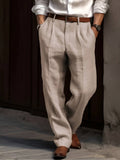 Mens Pleated Cotton Linen Pants with Elastic Waist and Reinforced Seams