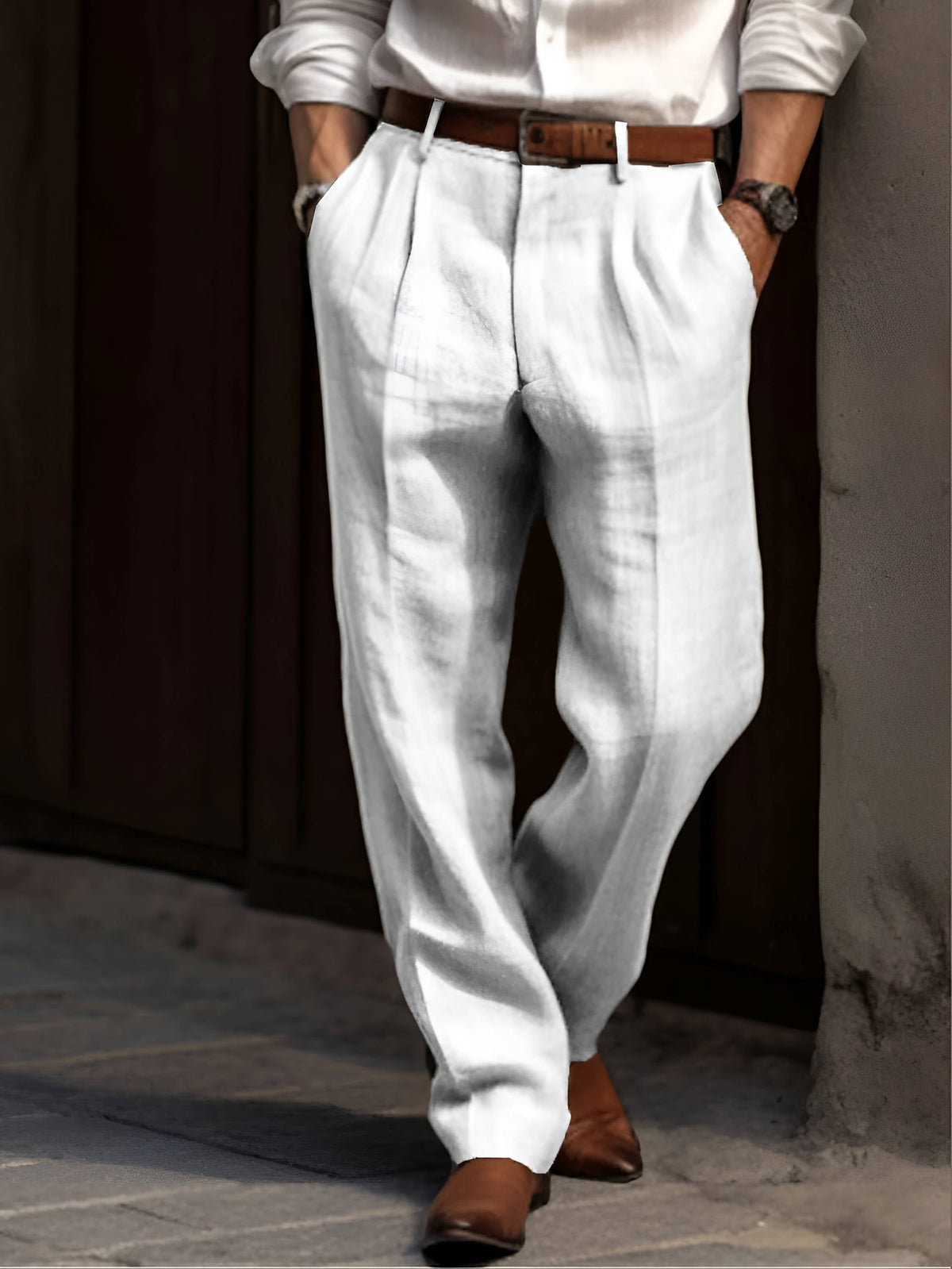 Mens Pleated Cotton Linen Pants with Elastic Waist and Reinforced Seams