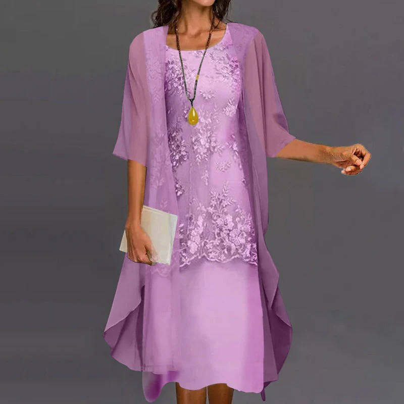 Floral Midi Dress with Chiffon Jacket and Round Neckline, Two-Piece Set