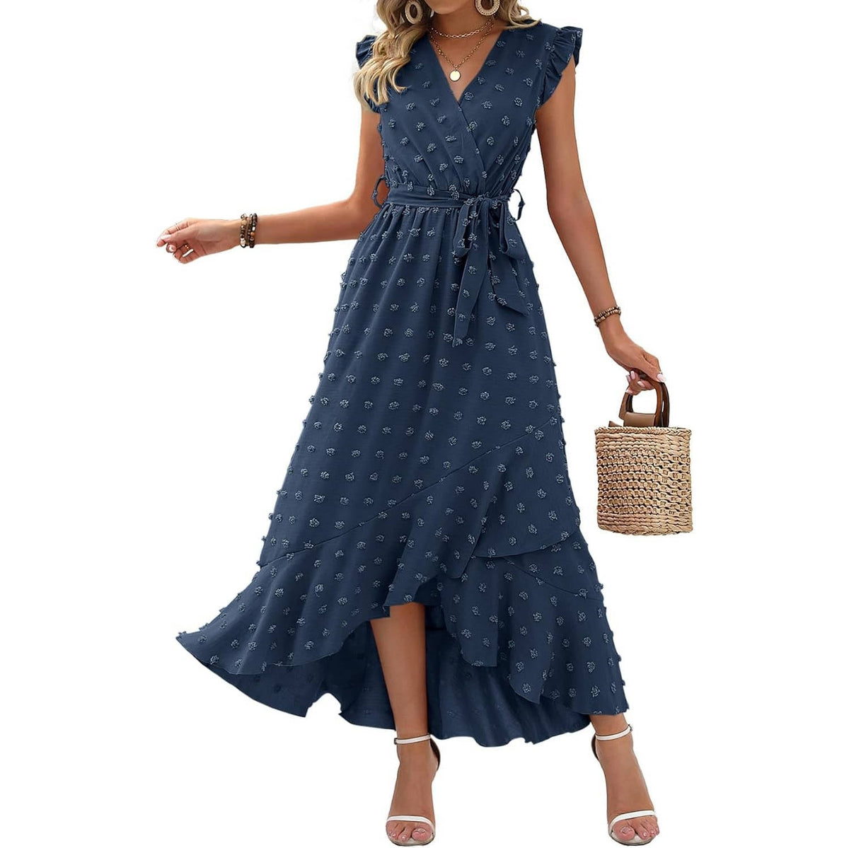 Womens Boho Maxi Dress, Swiss Dot Cap Sleeve Beach Wedding and Cocktail Dress