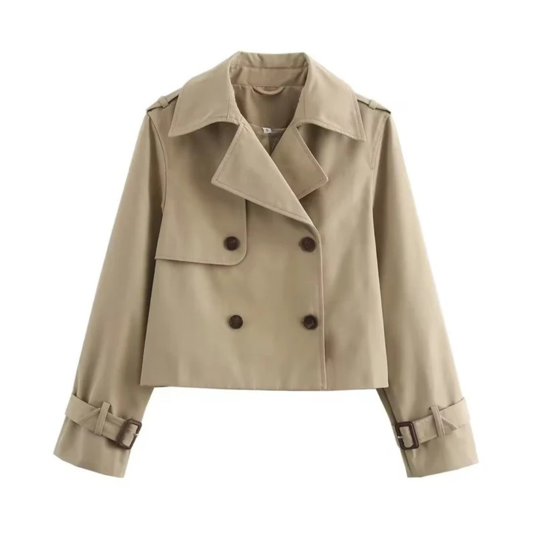 Women's Short Trench Coat with Double Breasted Closure and Adjustable Sleeve Buckles