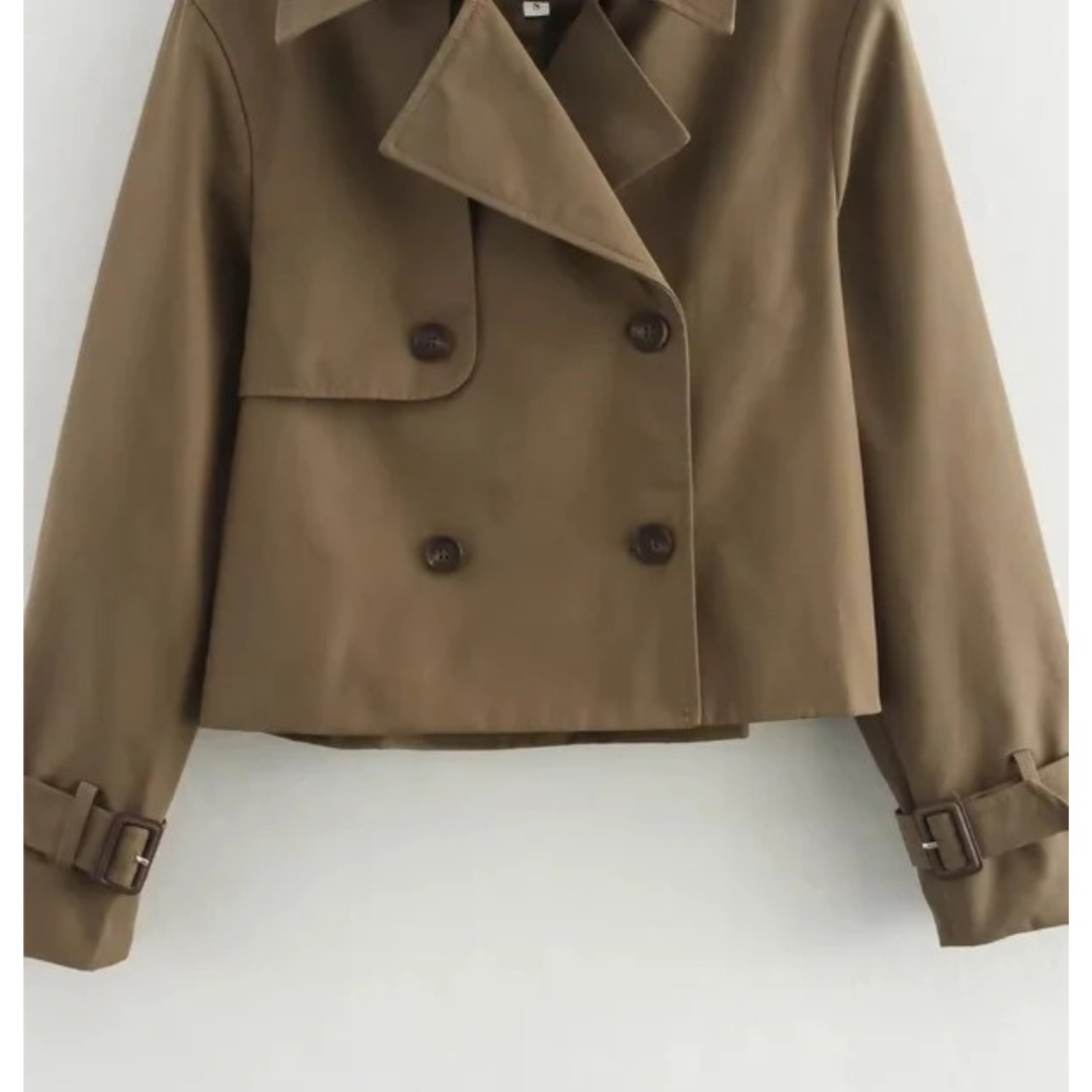 Women's Short Trench Coat with Double Breasted Closure and Adjustable Sleeve Buckles