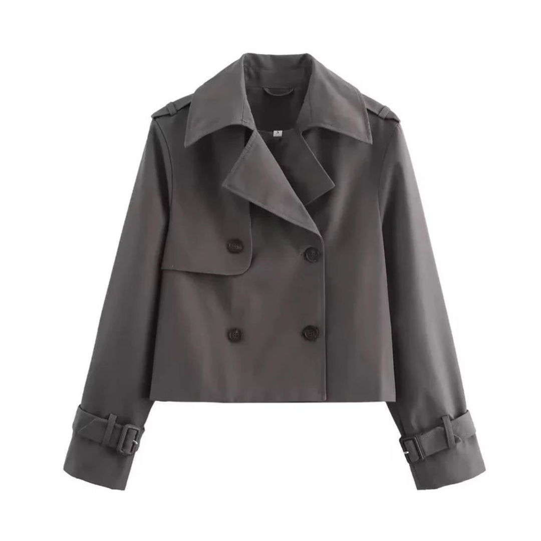 Women's Short Trench Coat with Double Breasted Closure and Adjustable Sleeve Buckles