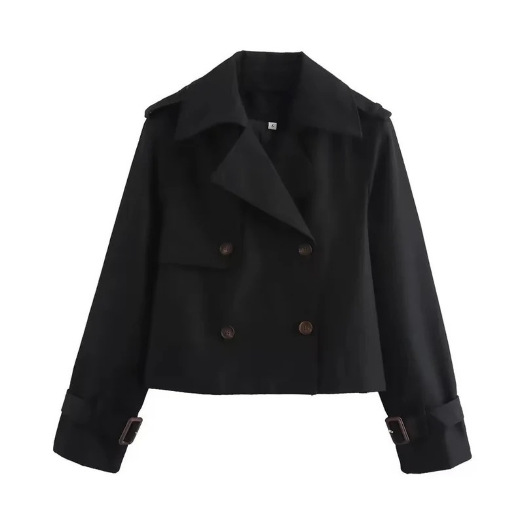 Women's Short Trench Coat with Double Breasted Closure and Adjustable Sleeve Buckles