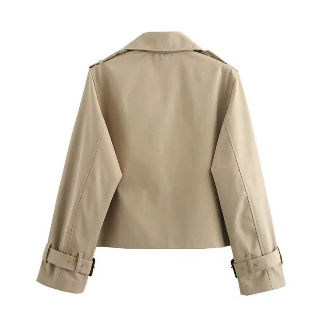 Women's Short Trench Coat with Double Breasted Closure and Adjustable Sleeve Buckles