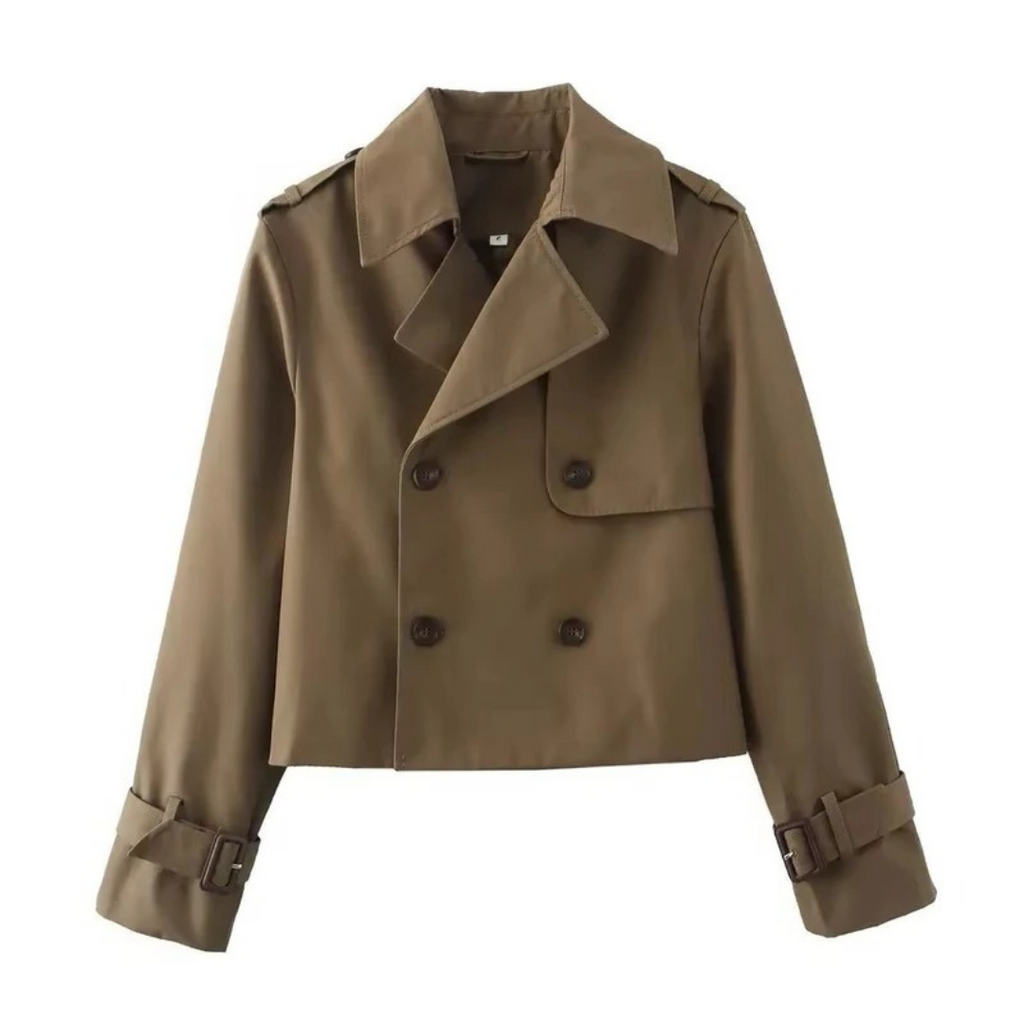 Women's Short Trench Coat with Double Breasted Closure and Adjustable Sleeve Buckles