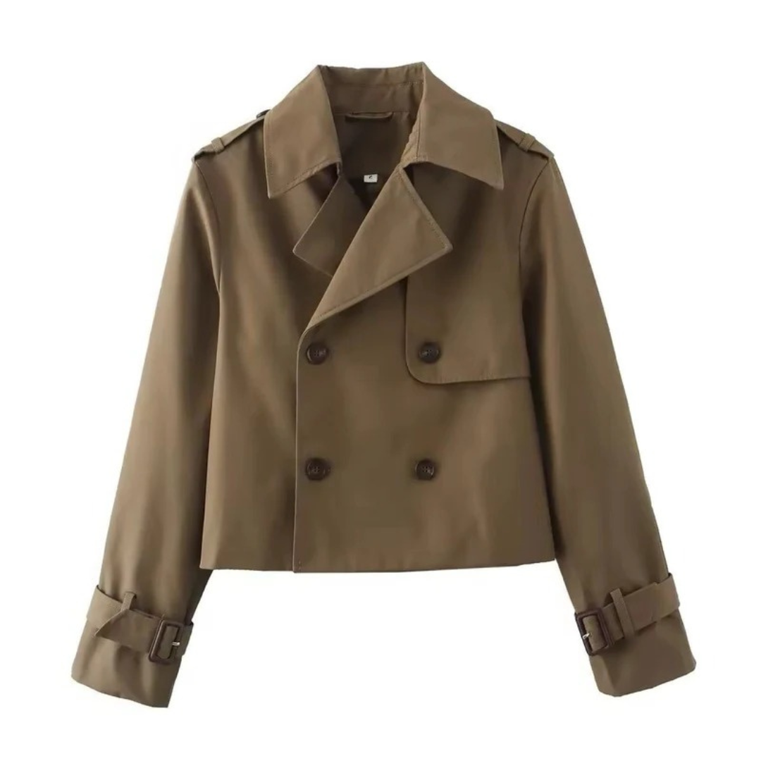 Women's Short Trench Coat with Double Breasted Closure and Adjustable Sleeve Buckles
