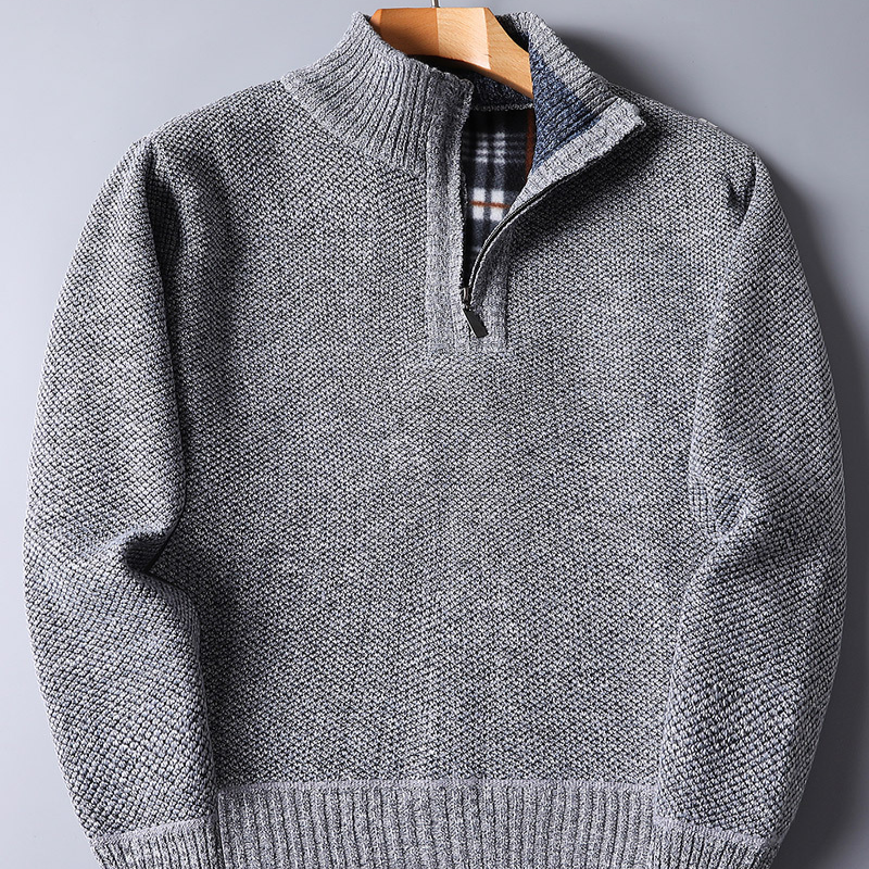 Quarter Zip Mock Neck Sweater with Vertical Ribbed Texture and Relaxed Fit