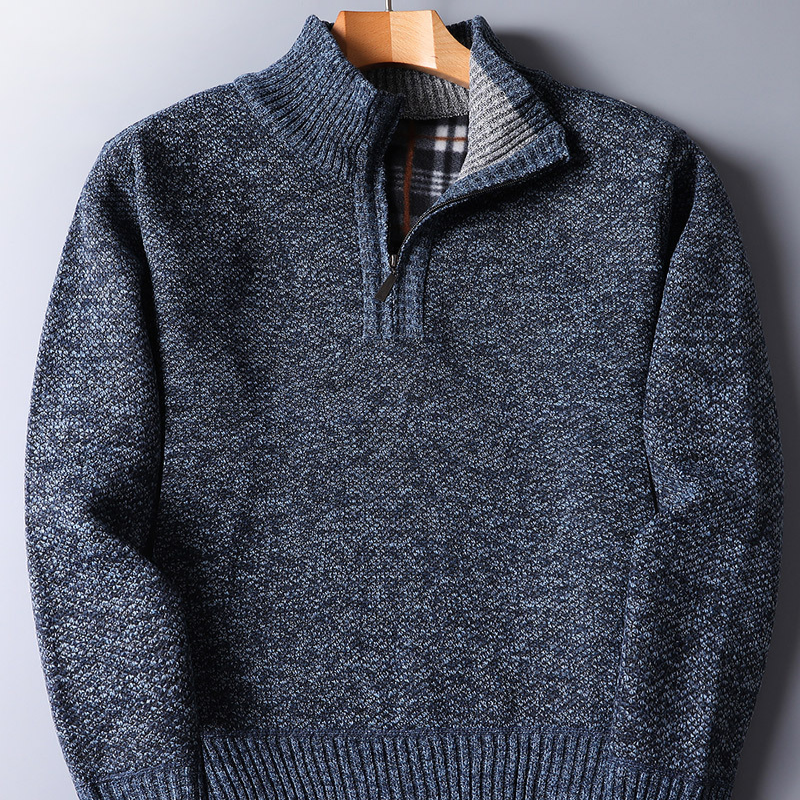 Quarter Zip Mock Neck Sweater with Vertical Ribbed Texture and Relaxed Fit