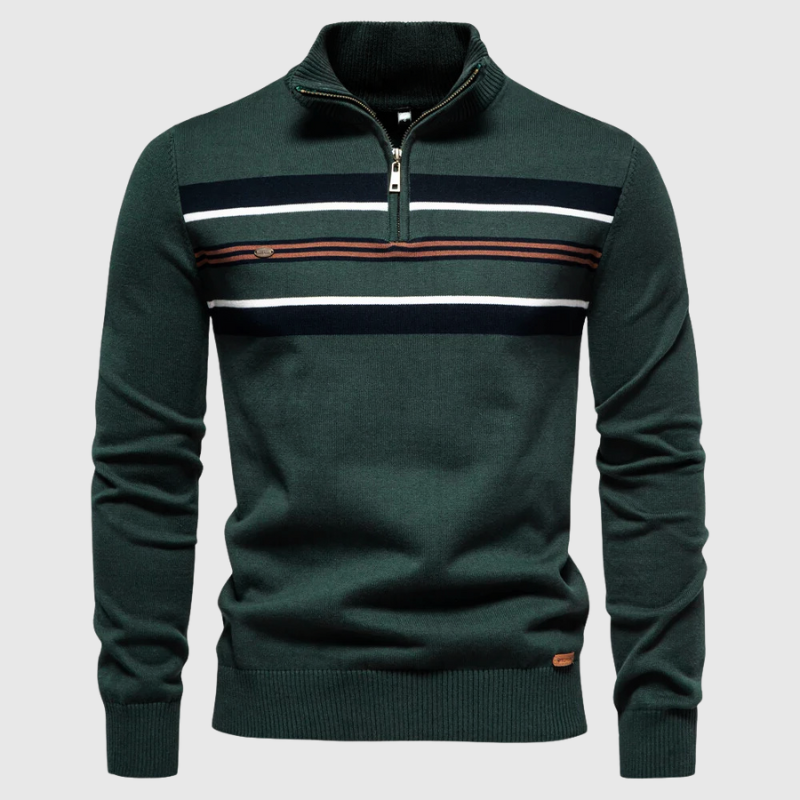 Mens Quarter Zip Sweater with Horizontal Stripes and Mock Neck