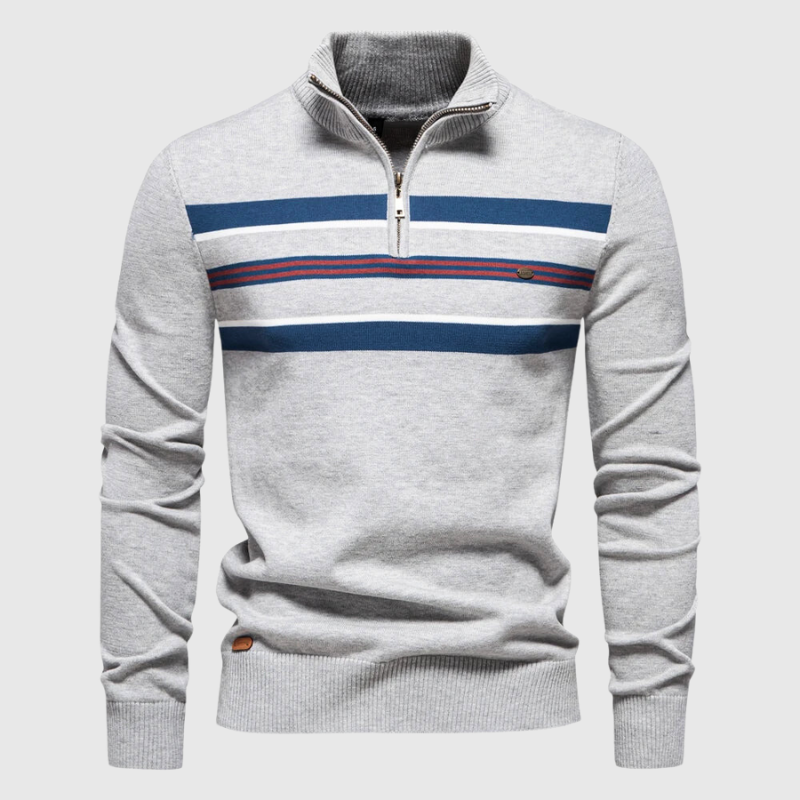Mens Quarter Zip Sweater with Horizontal Stripes and Mock Neck