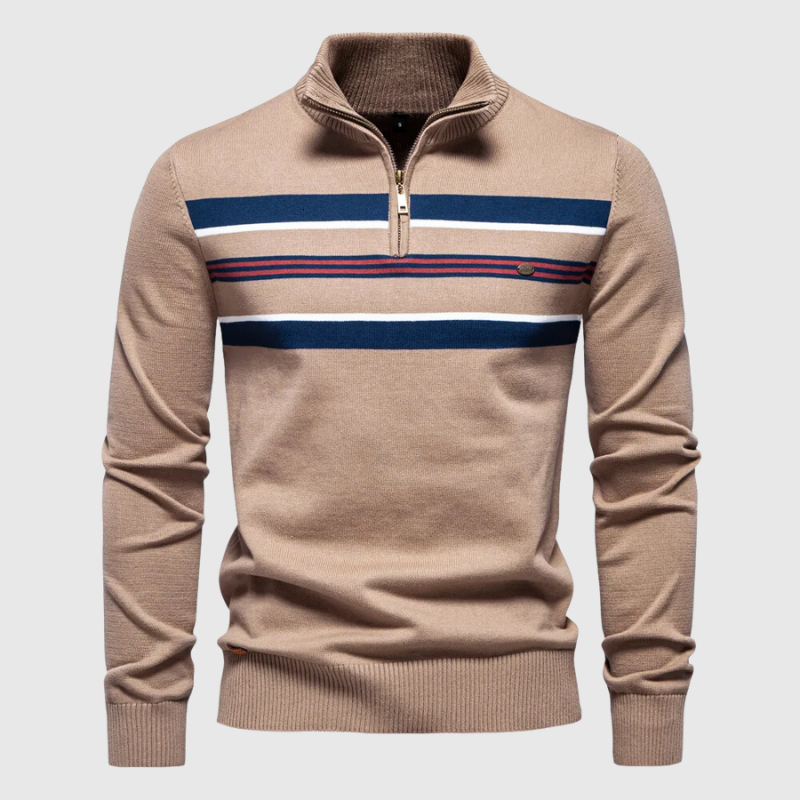 Mens Quarter Zip Sweater with Horizontal Stripes and Mock Neck