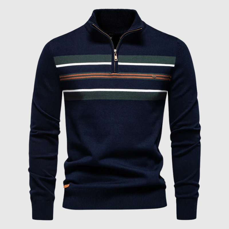 Mens Quarter Zip Sweater with Horizontal Stripes and Mock Neck