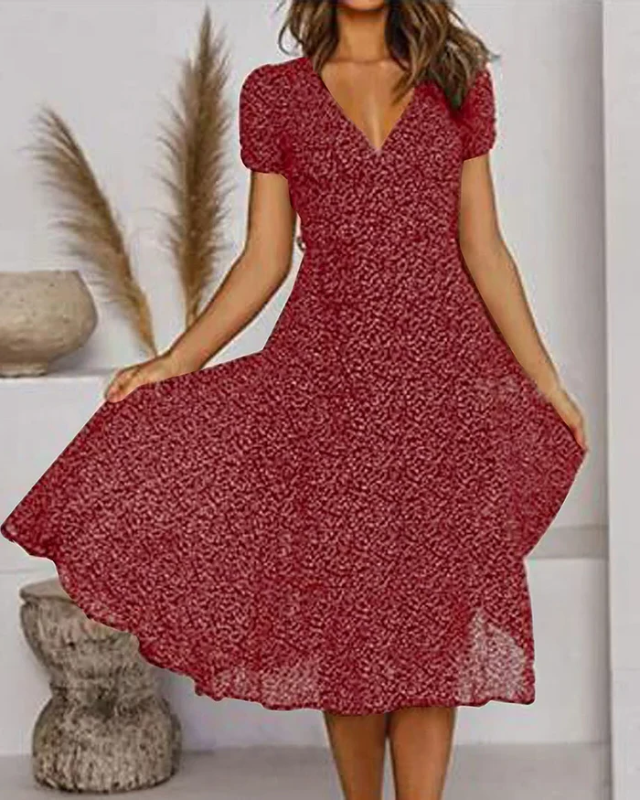 Womens Chiffon Dress with V-Neckline and Floral Print, Loose Fit
