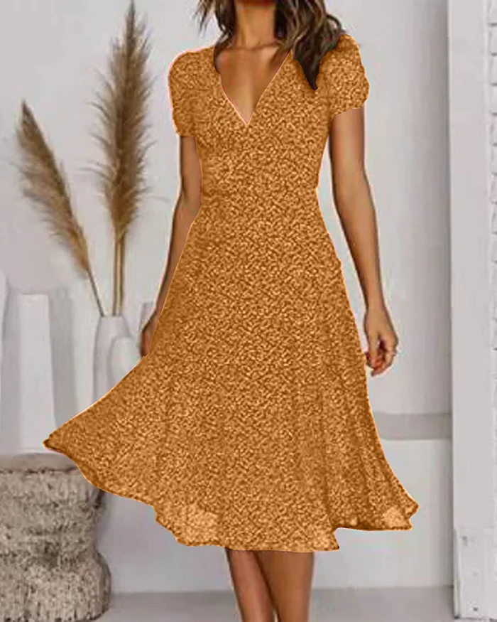 Womens Chiffon Dress with V-Neckline and Floral Print, Loose Fit
