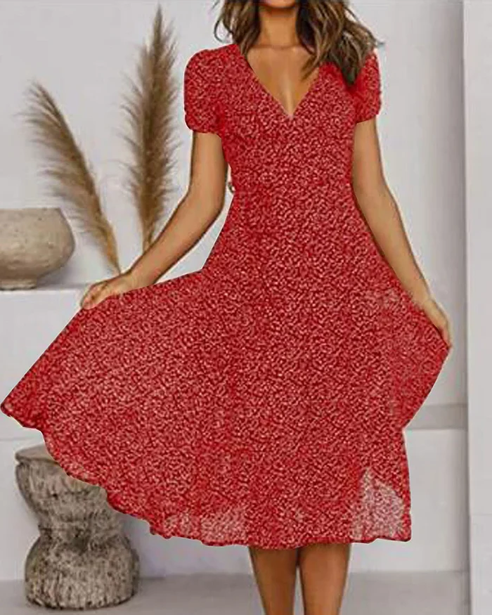 Womens Chiffon Dress with V-Neckline and Floral Print, Loose Fit