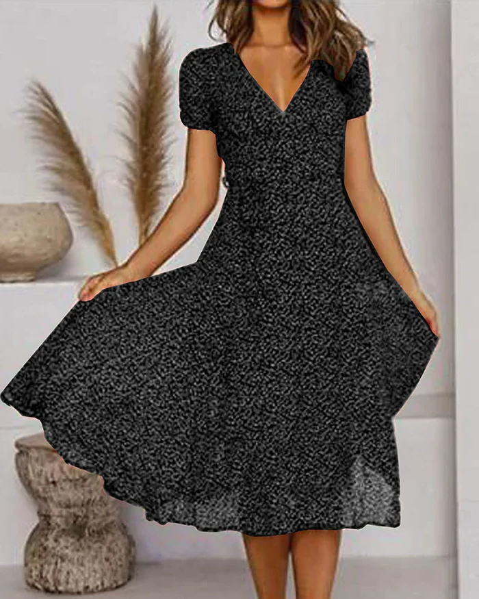 Womens Chiffon Dress with V-Neckline and Floral Print, Loose Fit