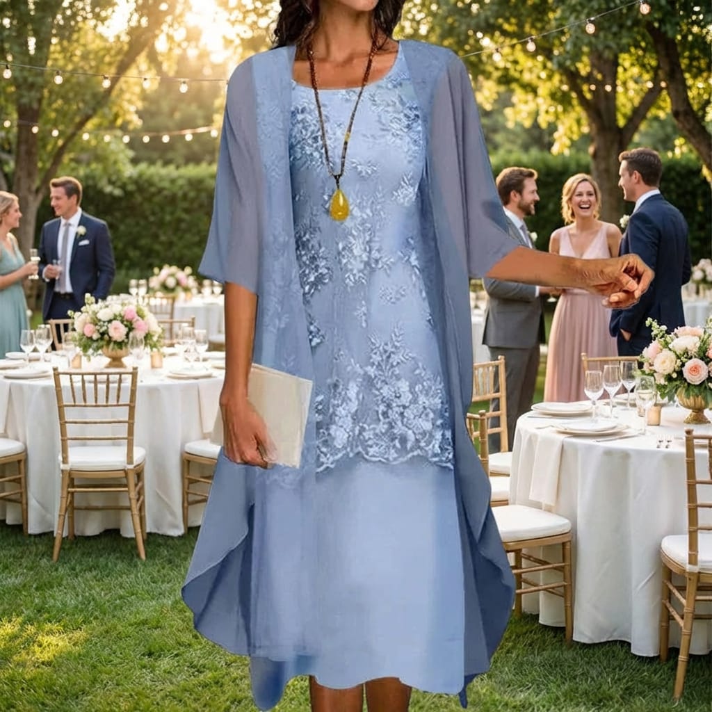 Floral Midi Dress with Chiffon Jacket and Round Neckline, Two-Piece Set