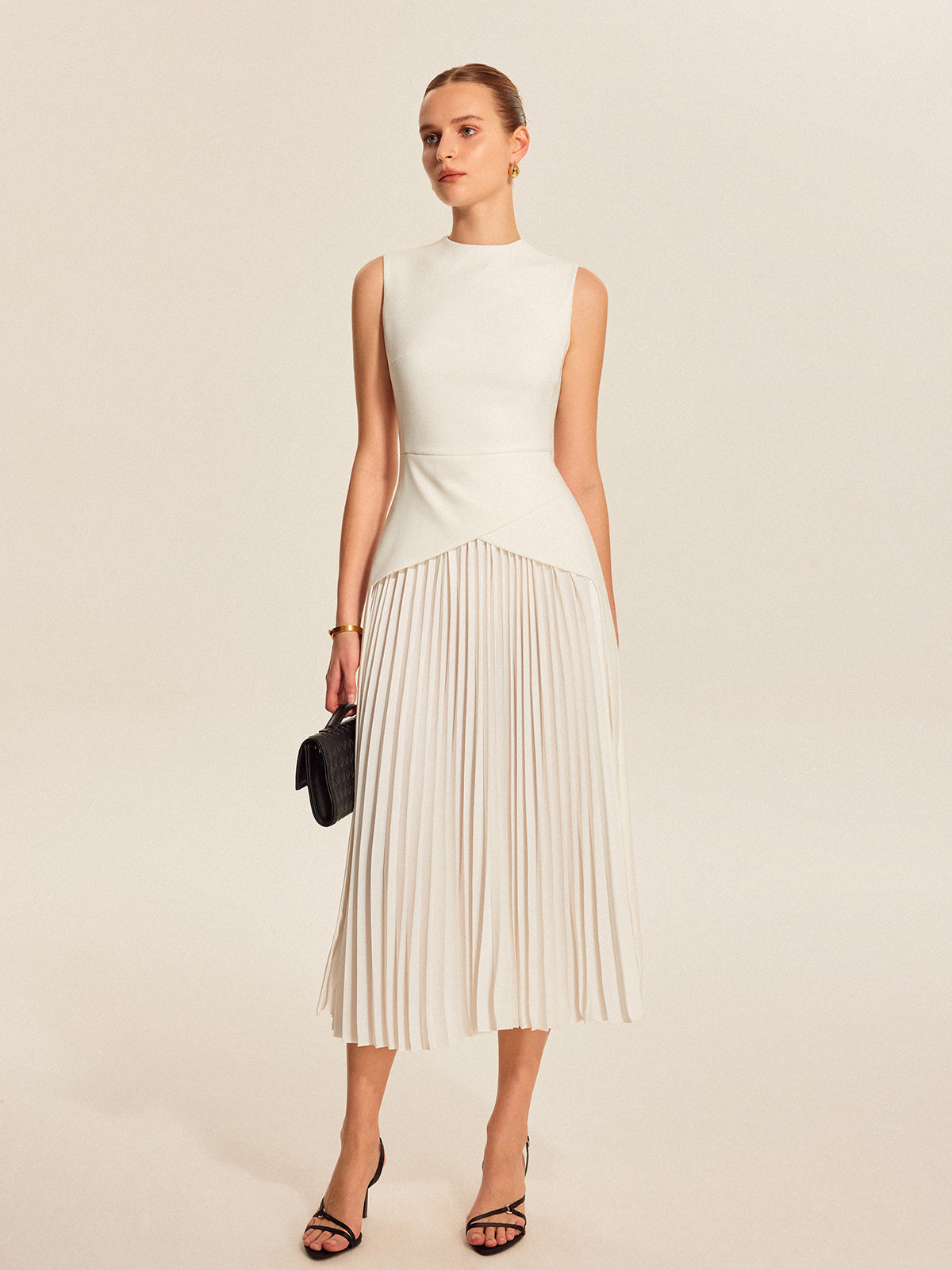 Pleated Midi Dress with Crew Neckline and Invisible Zipper, Sleeveless